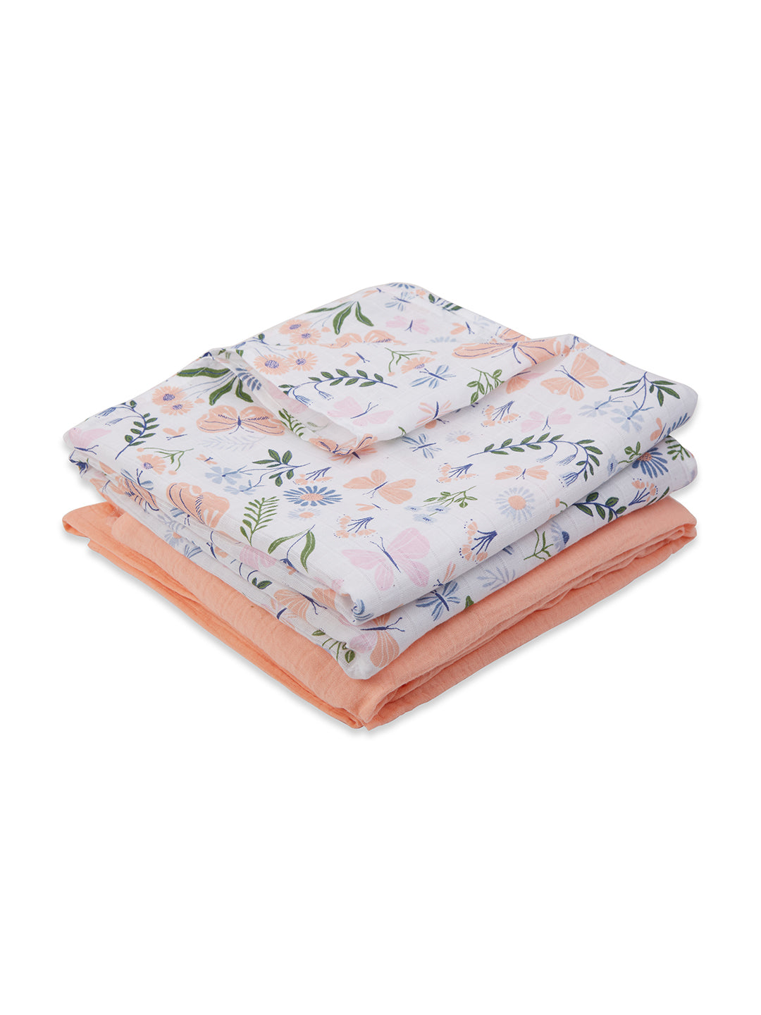 3 in 1 Muslin Swaddle Wrapper Pack of 2 (Size 41x41 Inches) Butterfly Print & Peach