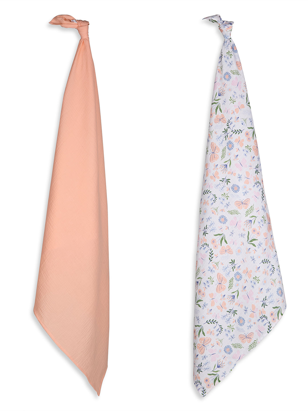 3 in 1 Muslin Swaddle Wrapper Pack of 2 (Size 41x41 Inches) Butterfly Print & Peach