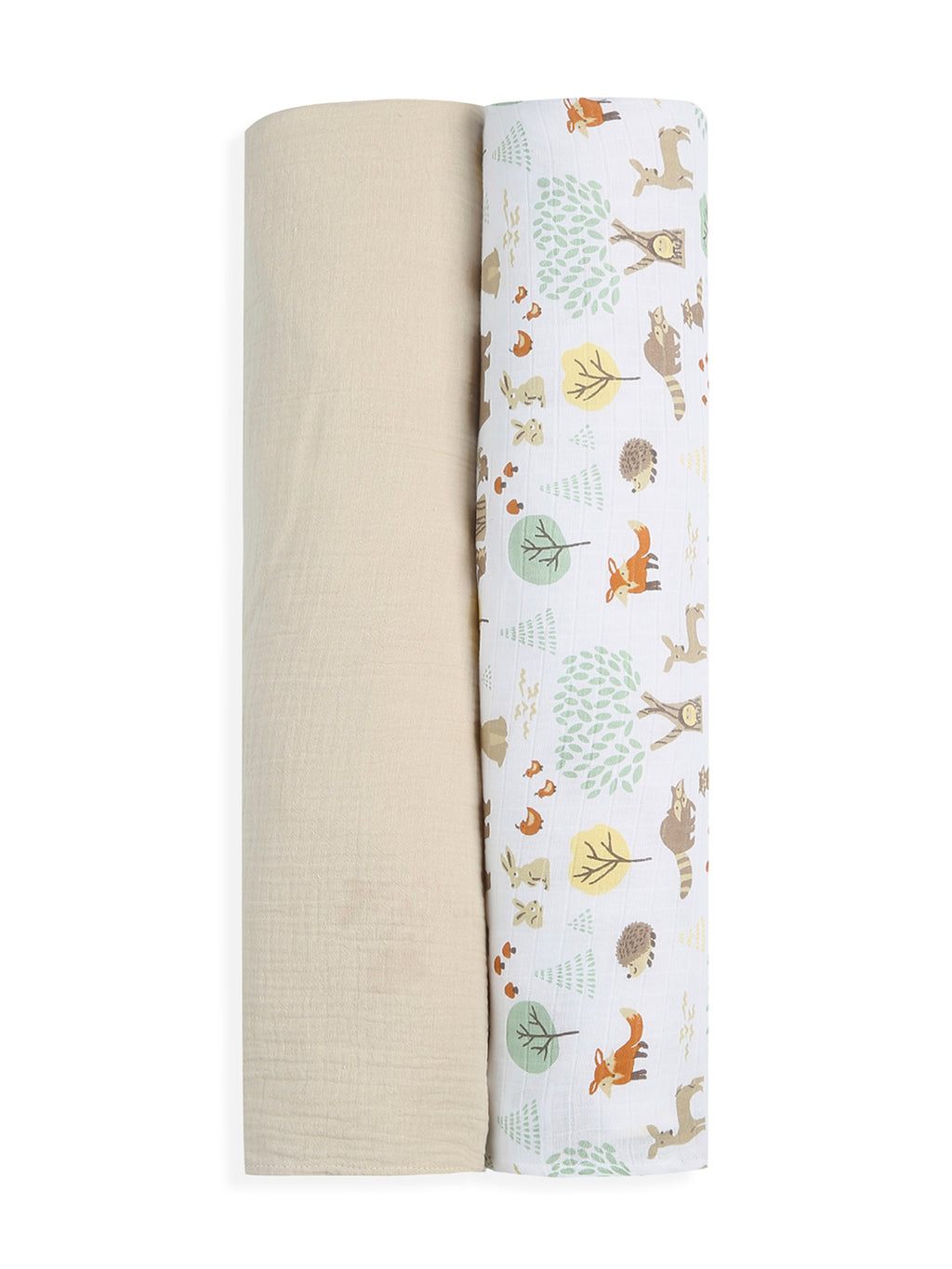 3 in 1 Muslin Swaddle Wrapper Pack of 2 (Size 41x41 Inches) Woodland Wonders Print & Oatmeal