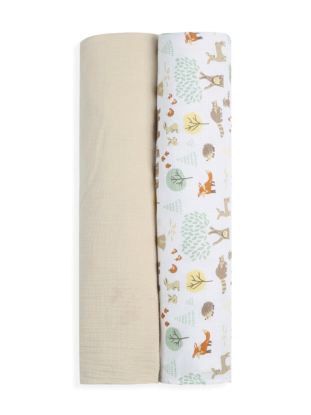 3 in 1 Muslin Swaddle Wrapper Pack of 2 (Size 41x41 Inches) Woodland Wonders Print & Oatmeal