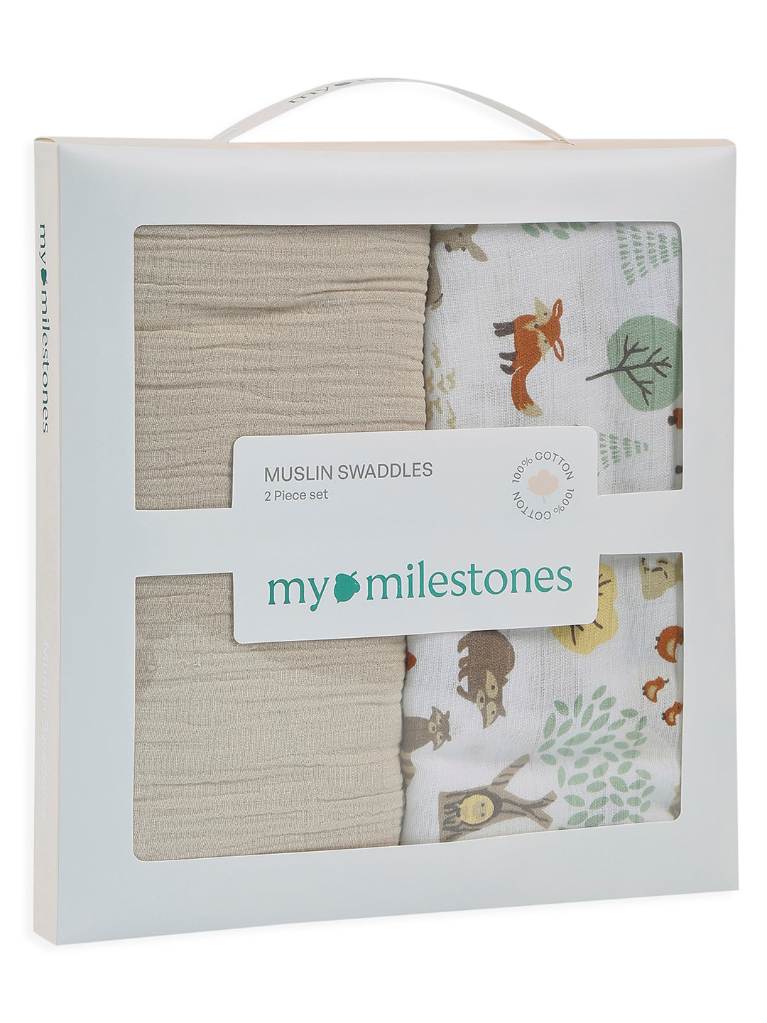 3 in 1 Muslin Swaddle Wrapper Pack of 2 (Size 41x41 Inches) Woodland Wonders Print & Oatmeal