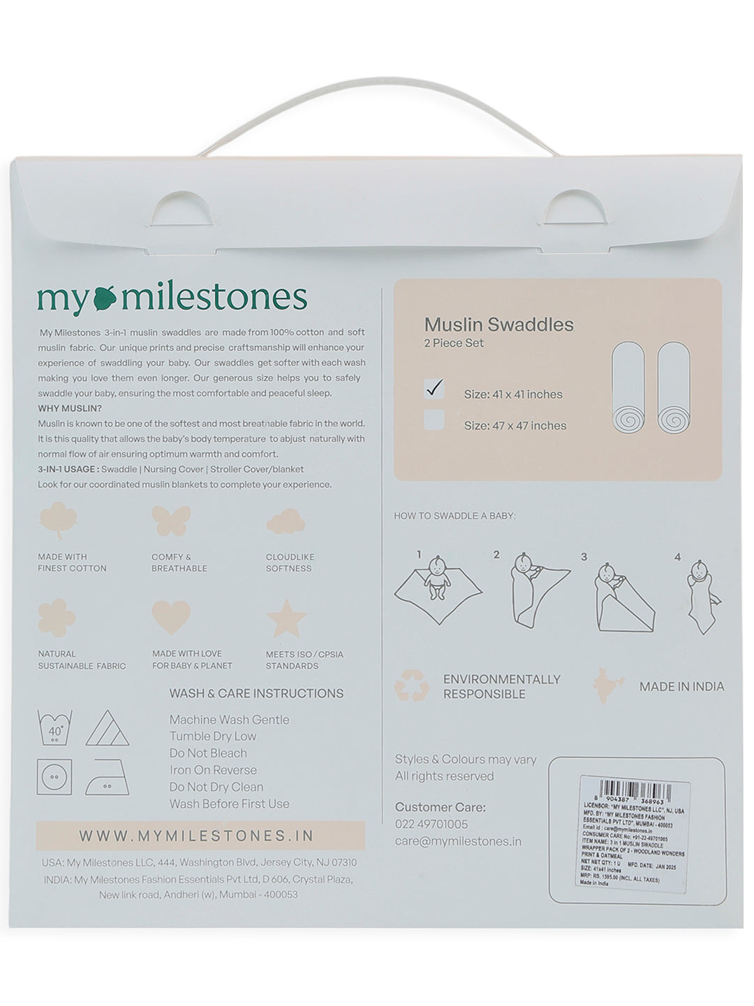 3 in 1 Muslin Swaddle Wrapper Pack of 2 (Size 41x41 Inches) Woodland Wonders Print & Oatmeal