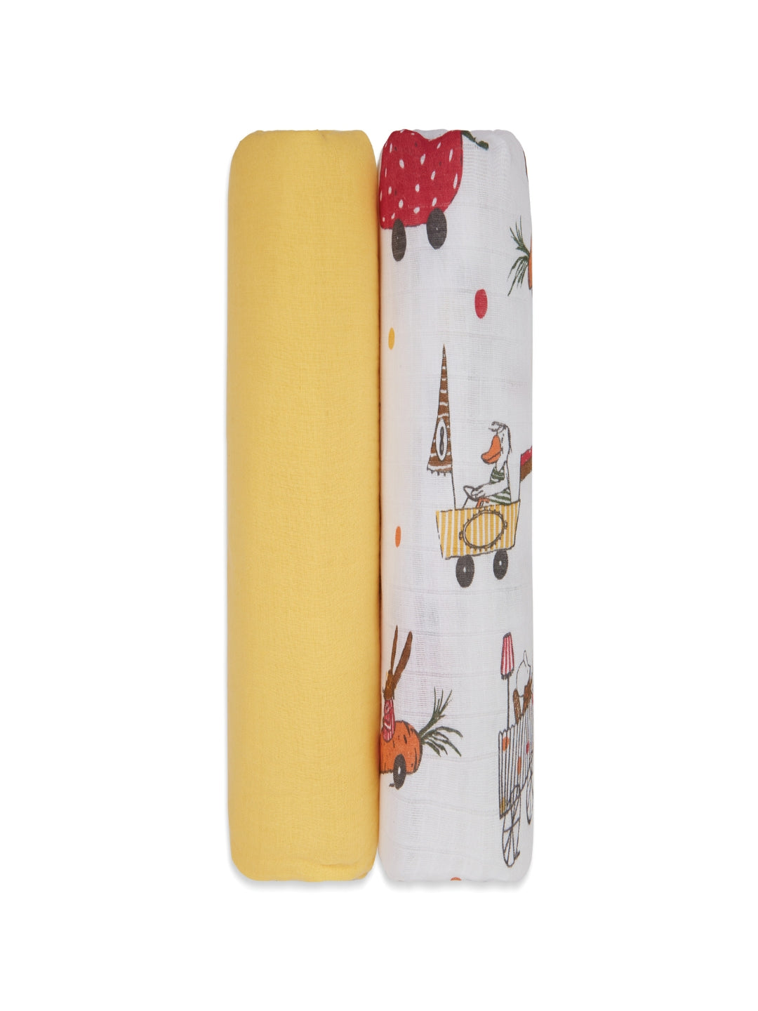 3 in 1 Muslin Swaddle Wrapper Pack of 2 (Size 41x41 Inches) Racing Cars Print & Yellow