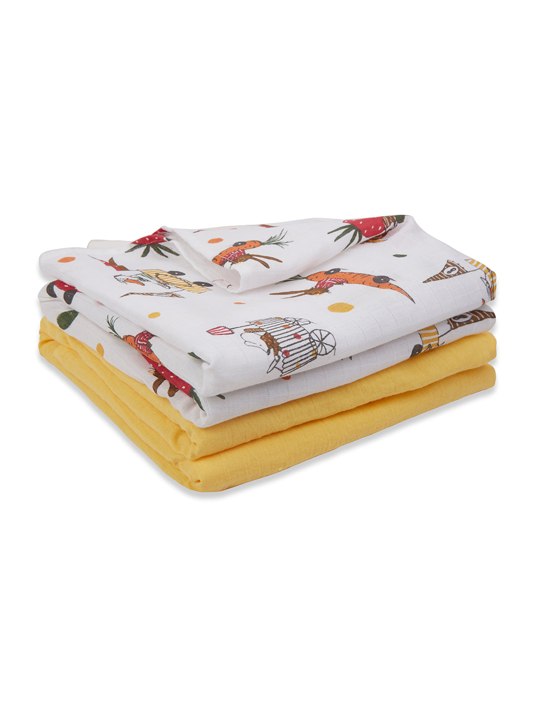 3 in 1 Muslin Swaddle Wrapper Pack of 2 (Size 41x41 Inches) Racing Cars Print & Yellow