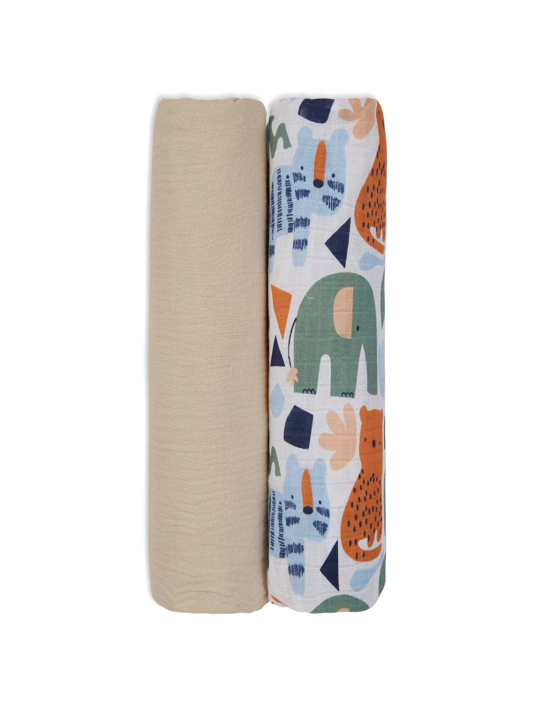 3 in 1 Muslin Swaddle Wrapper Pack of 2 (Size 41x41 Inches) Animal Print & Oatmeal