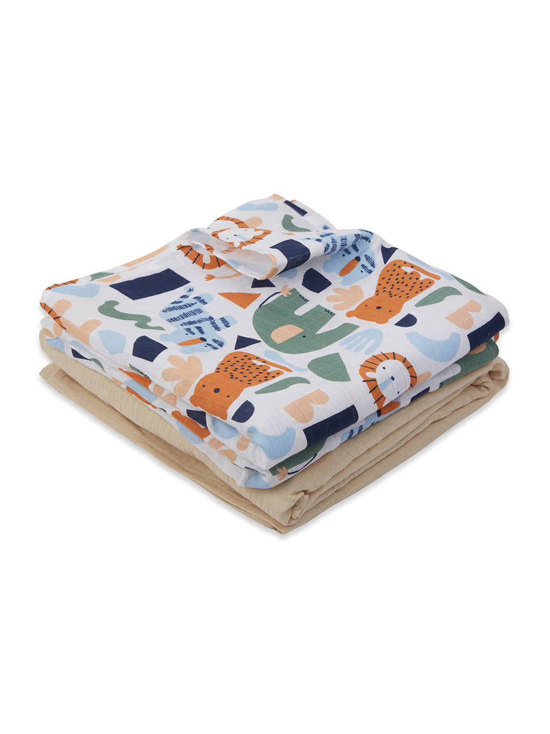 3 in 1 Muslin Swaddle Wrapper Pack of 2 (Size 41x41 Inches) Animal Print & Oatmeal