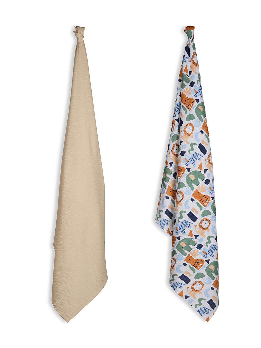 3 in 1 Muslin Swaddle Wrapper Pack of 2 (Size 41x41 Inches) Animal Print & Oatmeal