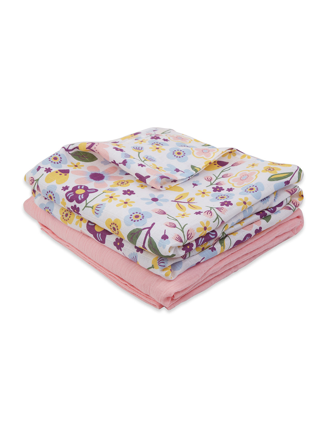 3 in 1 Muslin Swaddle Wrapper Pack of 2 (Size 41x41 Inches) Floral Print & Pink