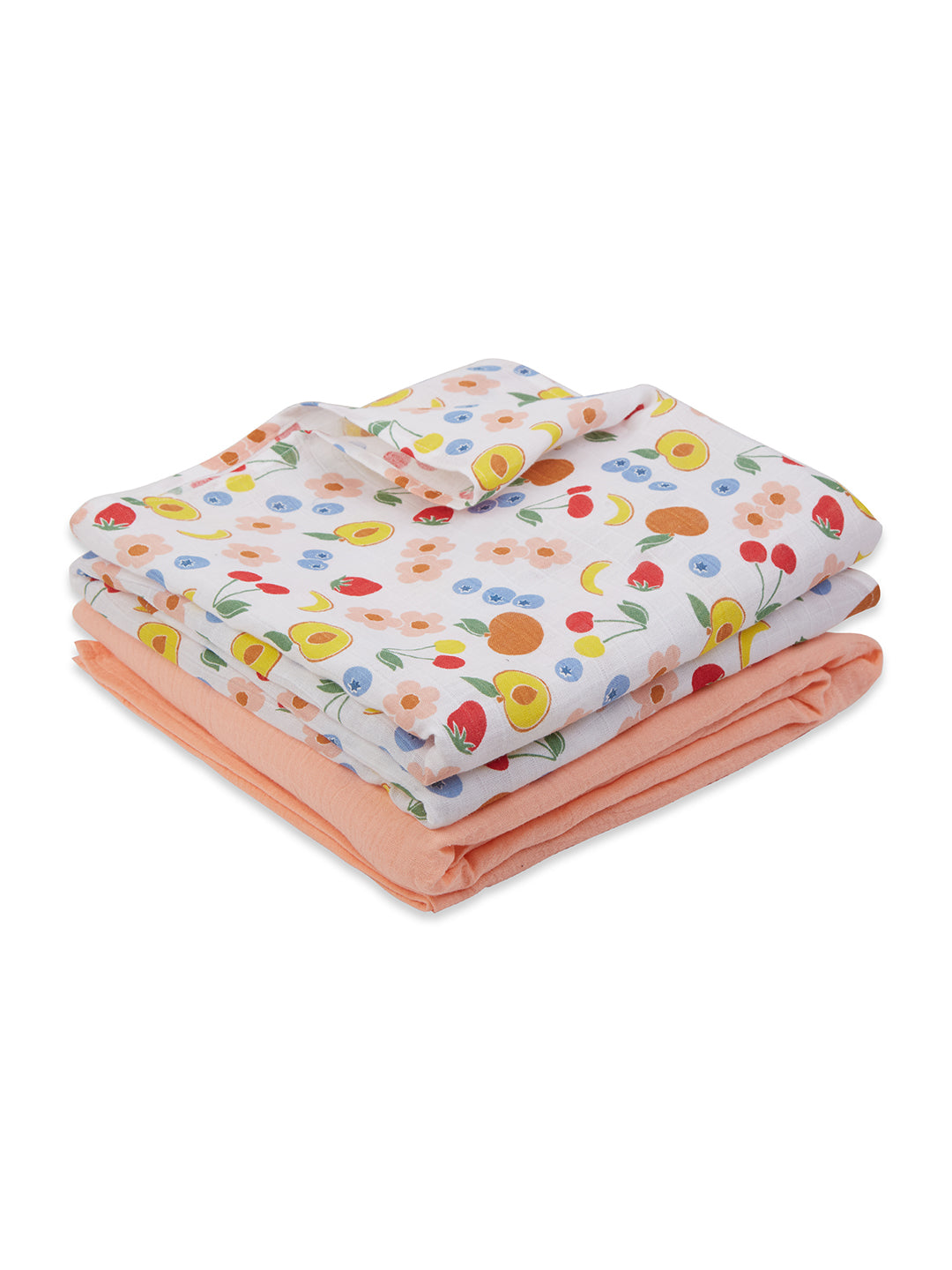 3 in 1 Muslin Swaddle Wrapper Pack of 2 (Size 41x41 Inches) Fruit Print & Peach