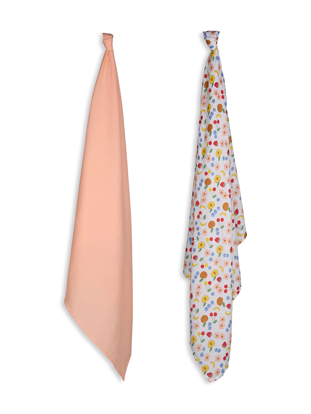 3 in 1 Muslin Swaddle Wrapper Pack of 2 (Size 41x41 Inches) Fruit Print & Peach