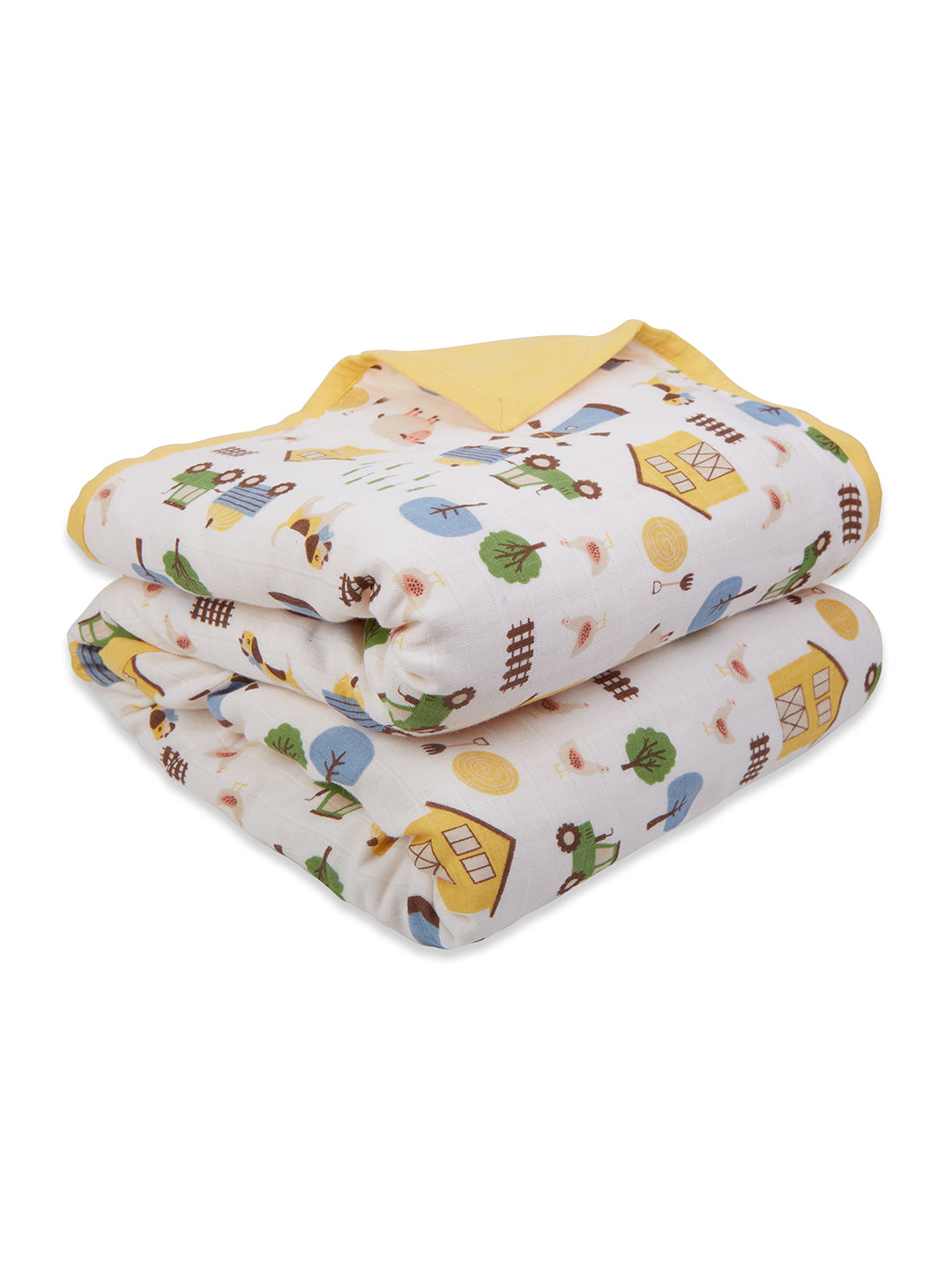 100% Premium Cotton 4 Layered Baby Muslin Blanket Barnyard Print & Yellow - (43x43 Inches)