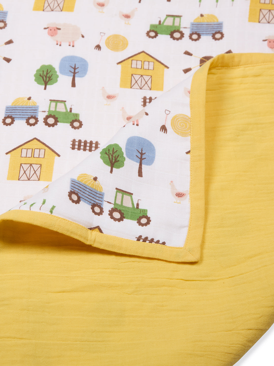 100% Premium Cotton 4 Layered Baby Muslin Blanket Barnyard Print & Yellow - (43x43 Inches)
