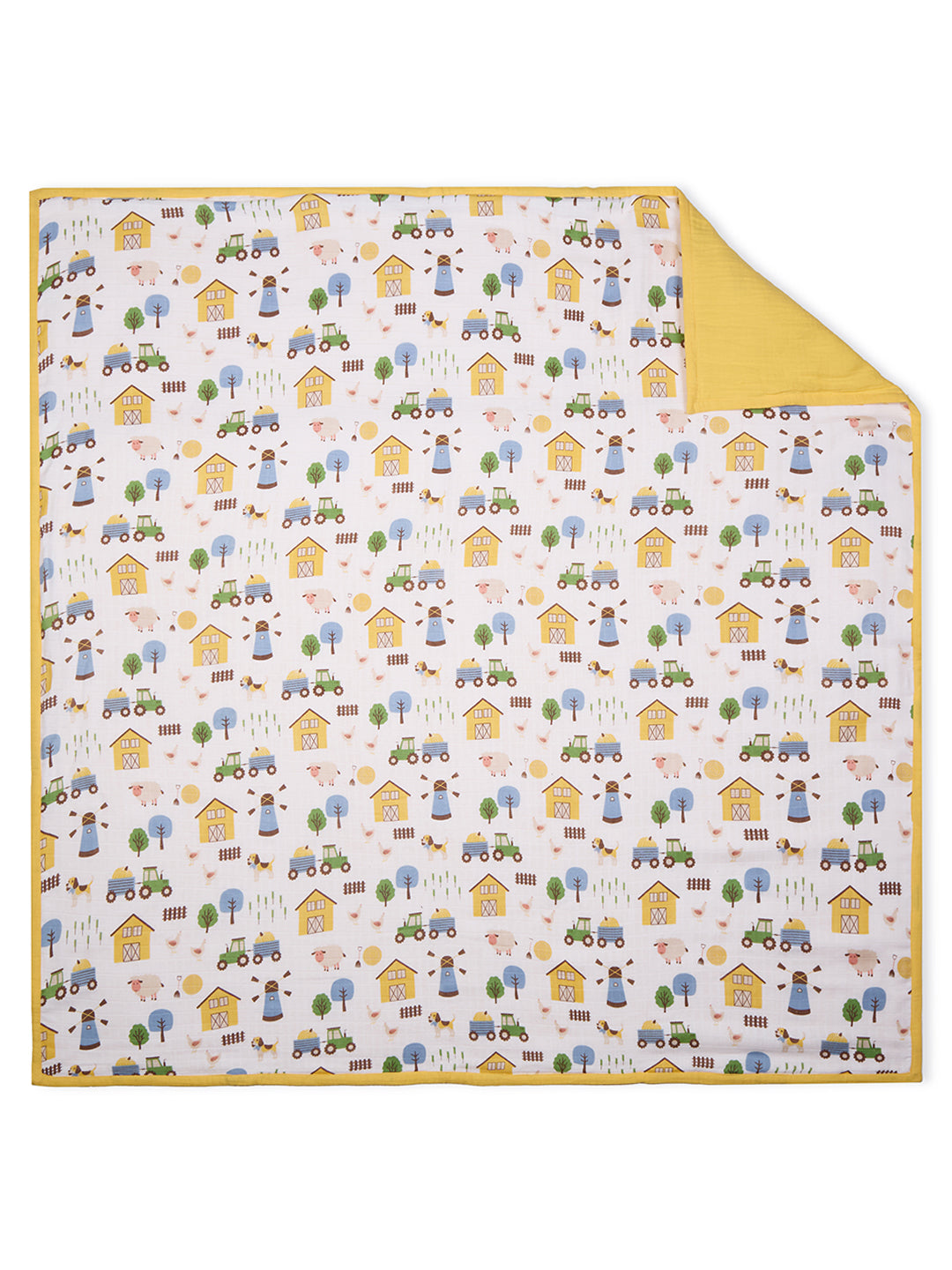 100% Premium Cotton 4 Layered Baby Muslin Blanket Barnyard Print & Yellow - (43x43 Inches)
