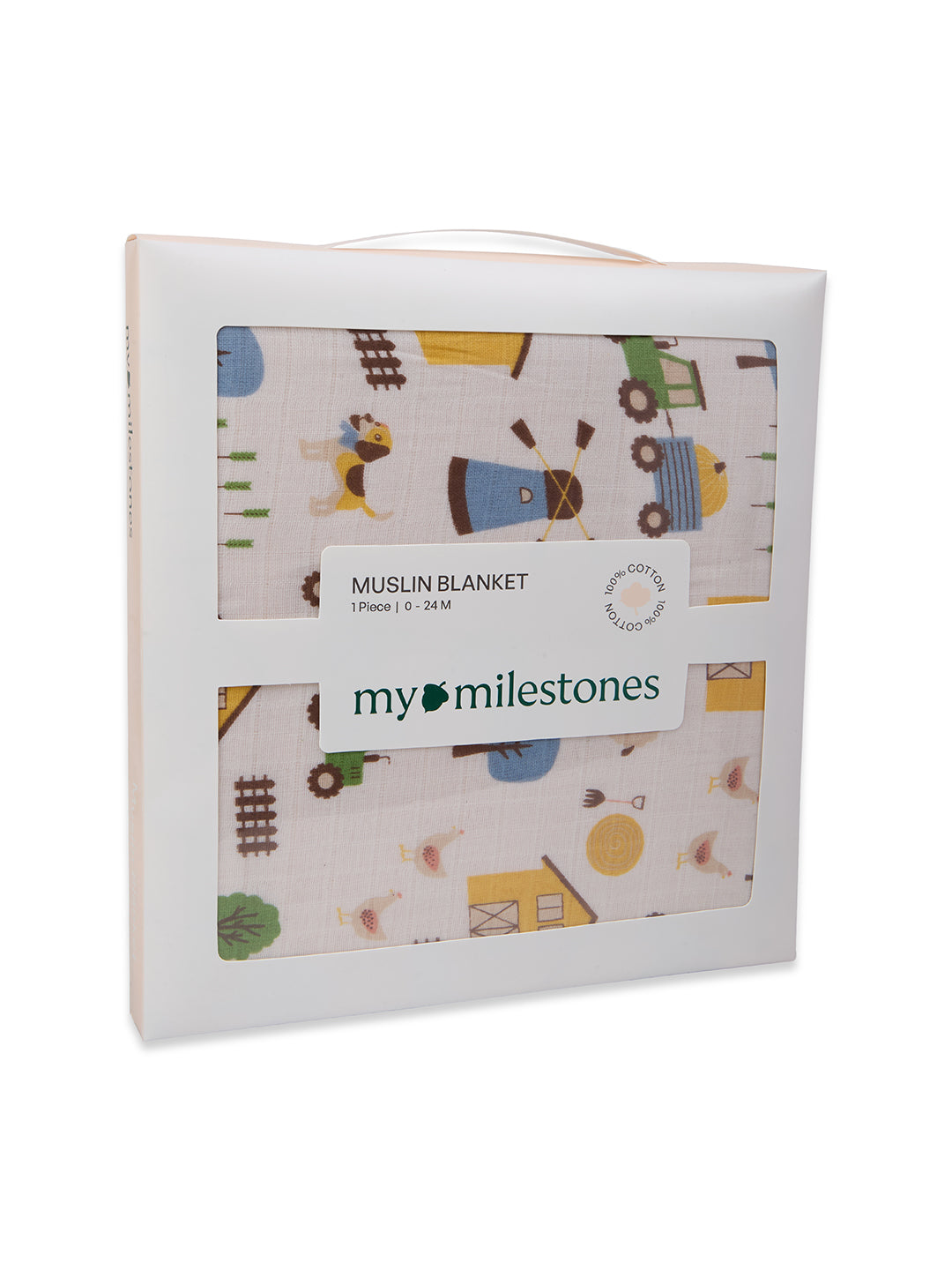 100% Premium Cotton 4 Layered Baby Muslin Blanket Barnyard Print & Yellow - (43x43 Inches)
