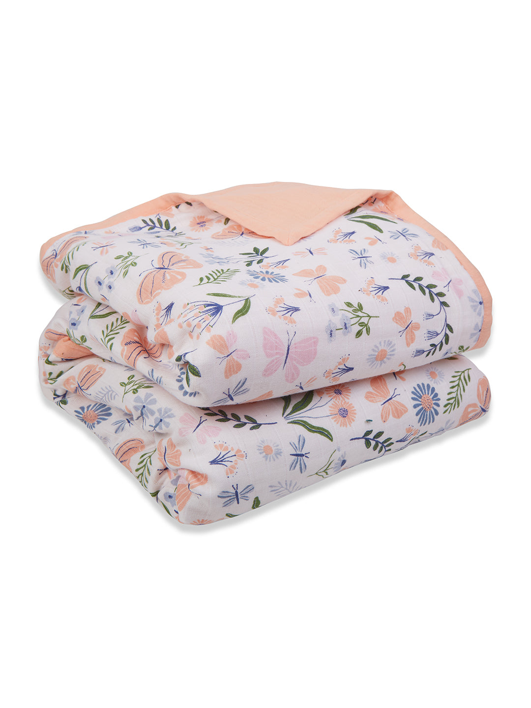 100% Premium Cotton 4 Layered Baby Muslin Blanket Butterfly Print - Peach - (43x43 Inches)
