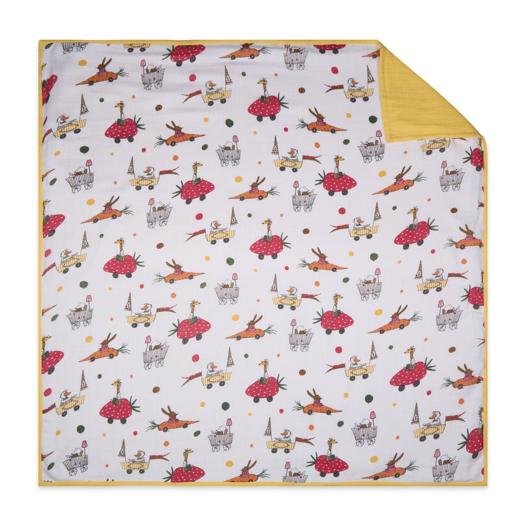 100% Premium Cotton 4 Layered Baby Muslin Blanket Racing Car Print - Yellow - (43x43 Inches)
