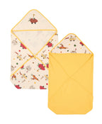 100% Cotton Interlock Hooded Baby Wrapper Animal Print & Yellow Pack of 2