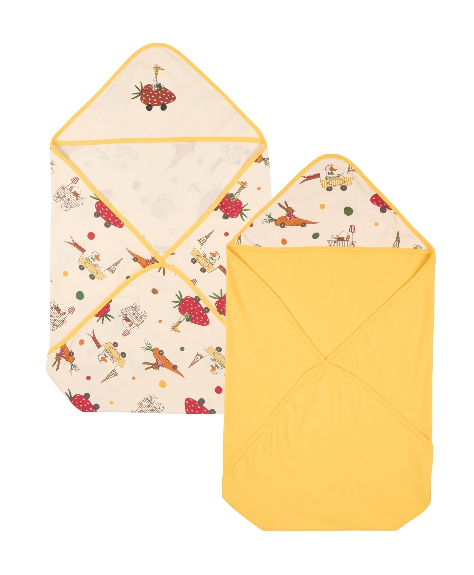 100% Cotton Interlock Hooded Baby Wrapper Animal Print & Yellow Pack of 2