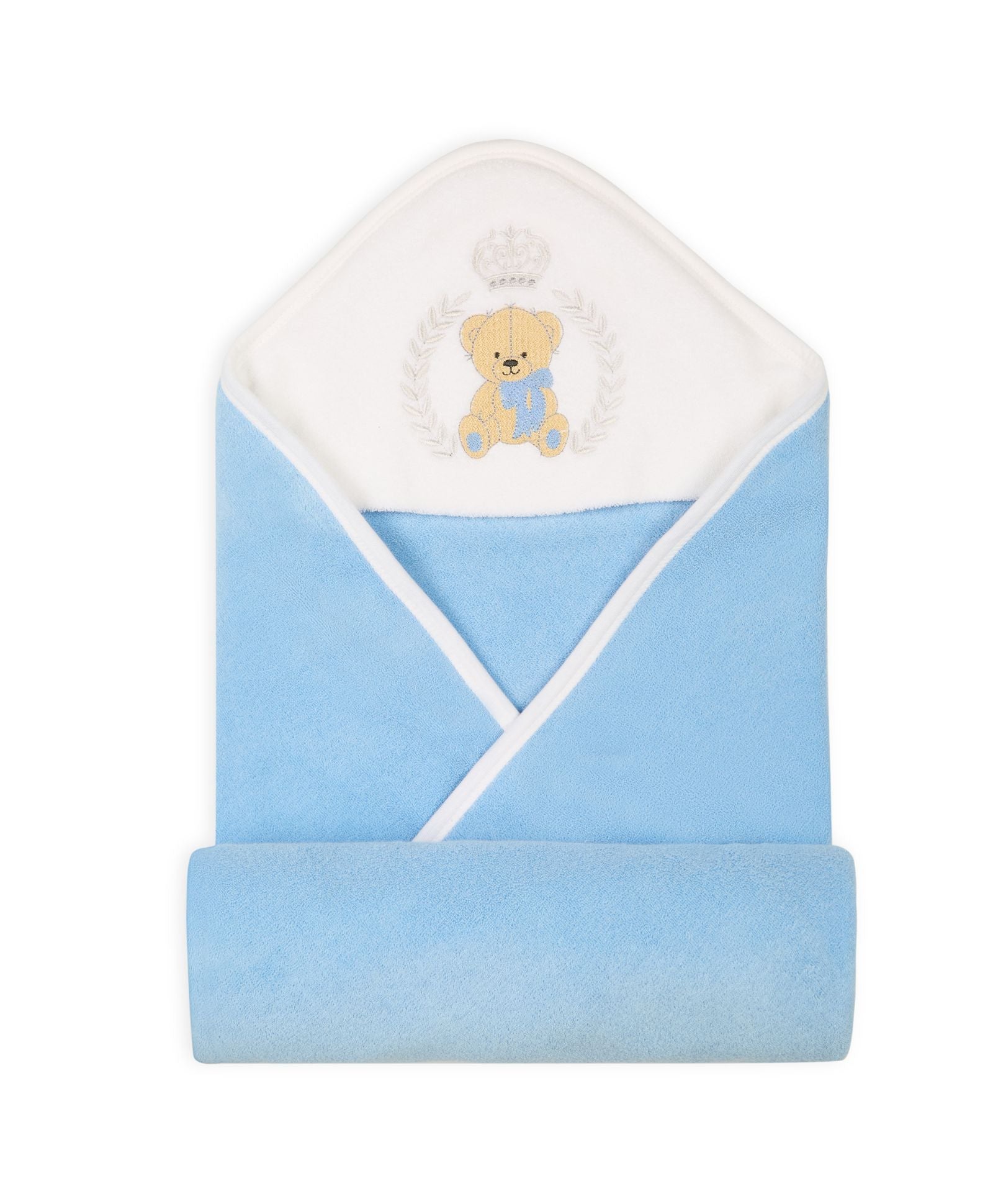 Premium Hooded Towels Prince Teddy Embroidery Solid Pattern - Blue Bell