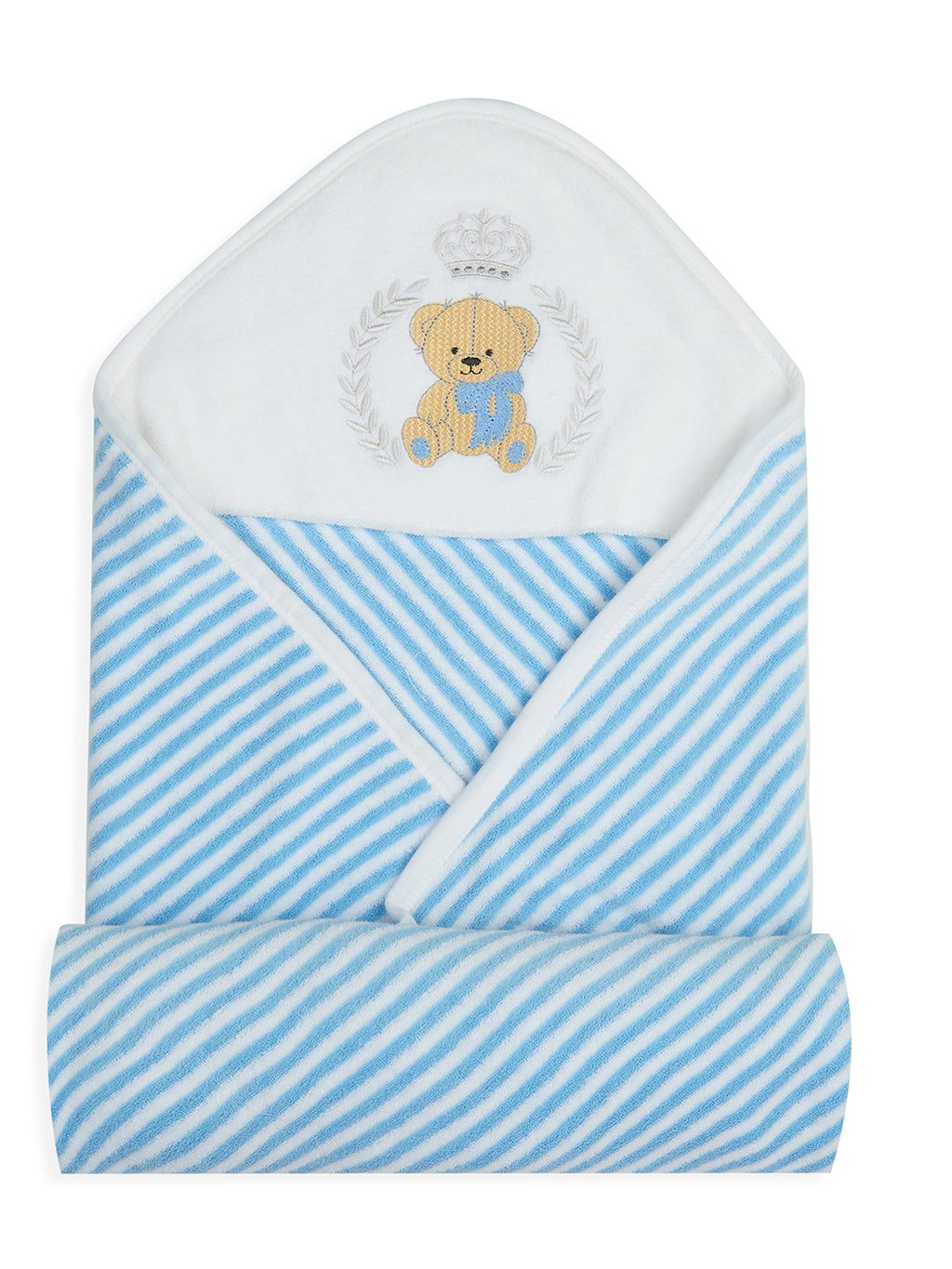 Premium Hooded Towels Prince Teddy Embroidery Stripes Pattern - Blue Bell