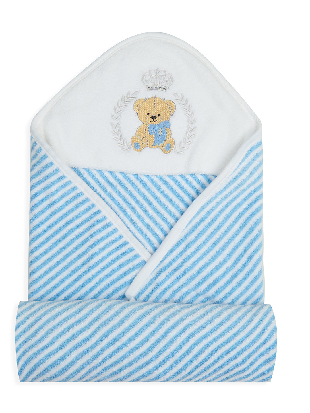 Premium Hooded Towels Prince Teddy Embroidery Stripes Pattern - Blue Bell