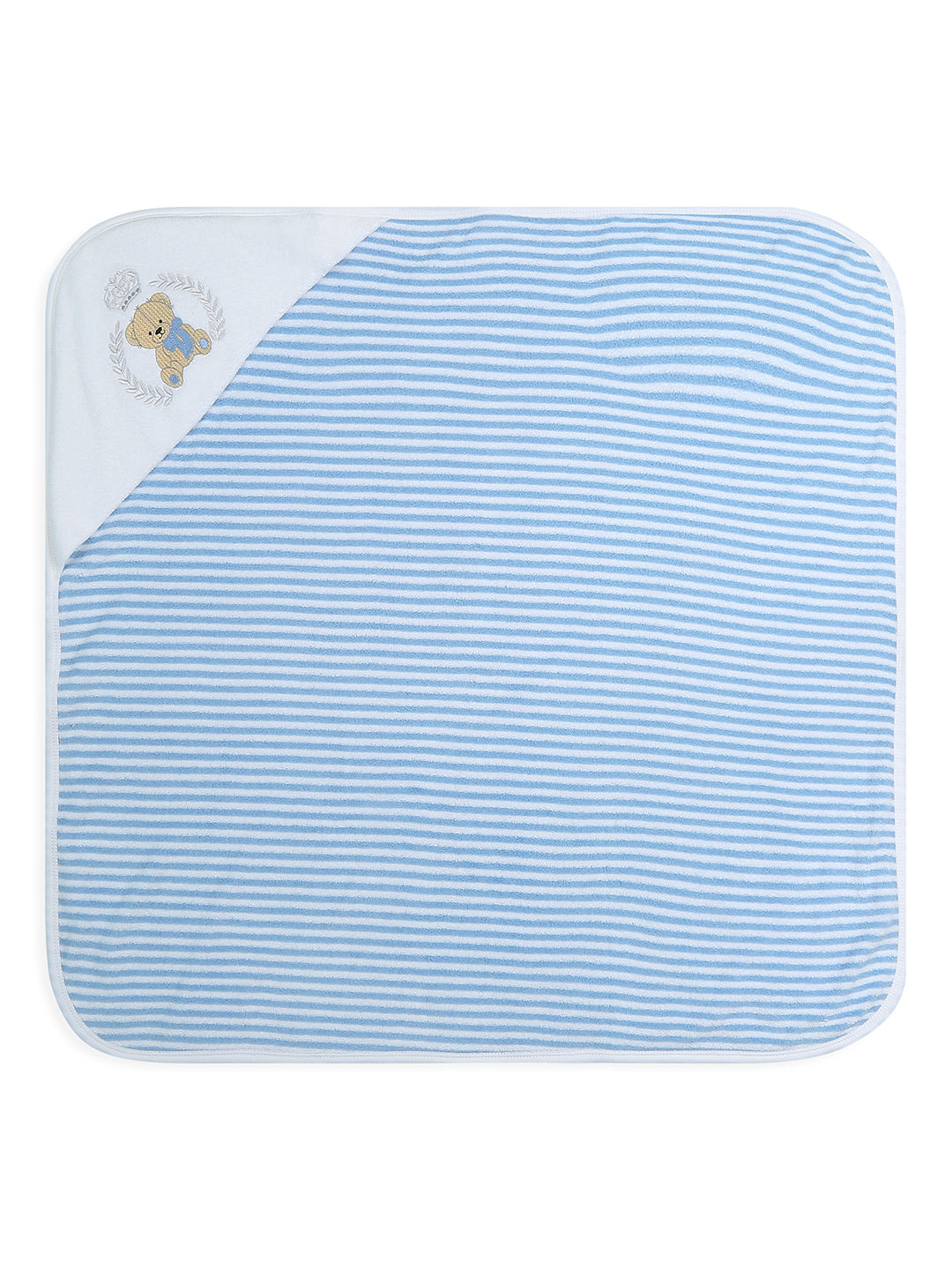 Premium Hooded Towels Prince Teddy Embroidery Stripes Pattern - Blue Bell