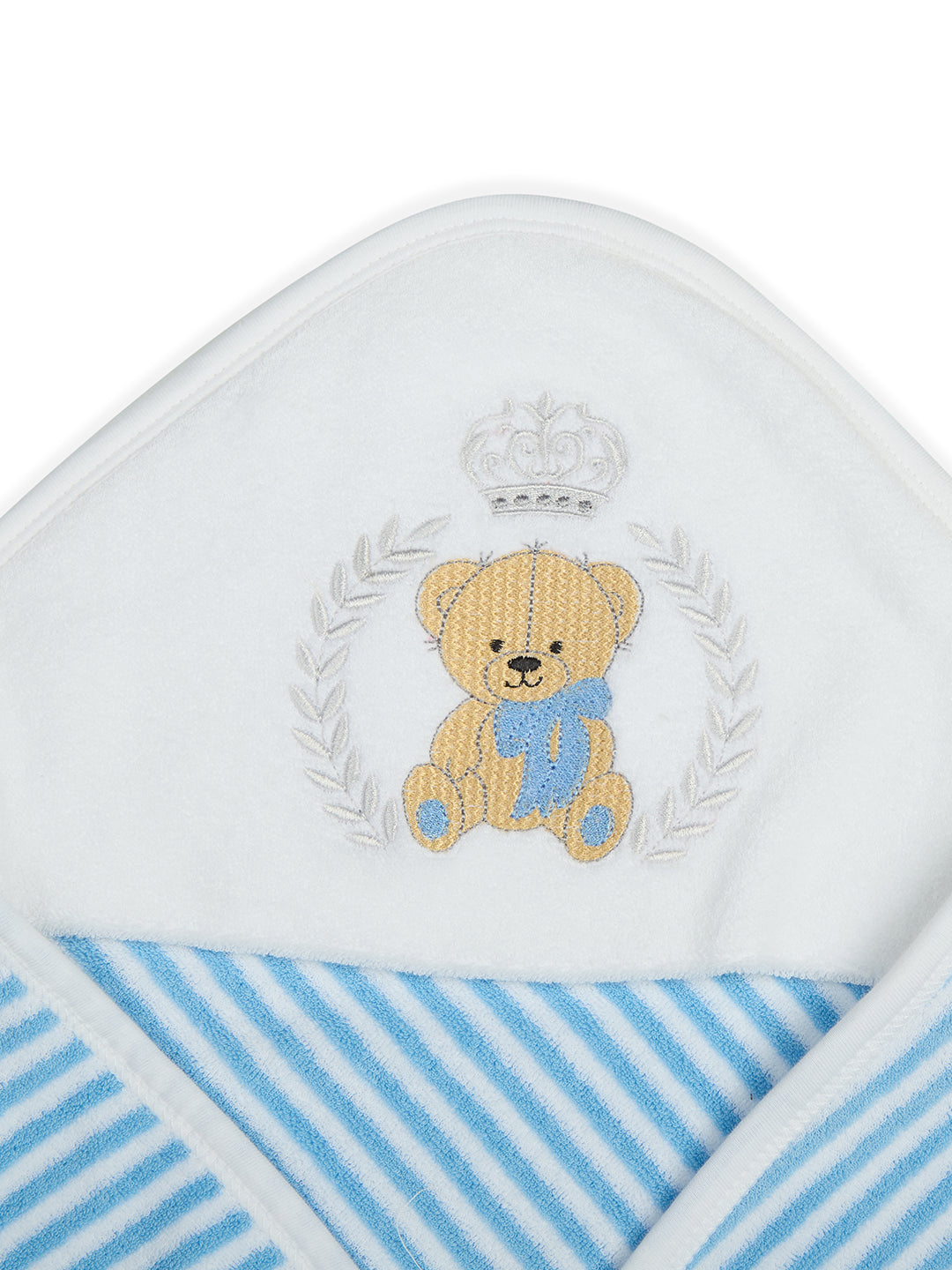 Premium Hooded Towels Prince Teddy Embroidery Stripes Pattern - Blue Bell