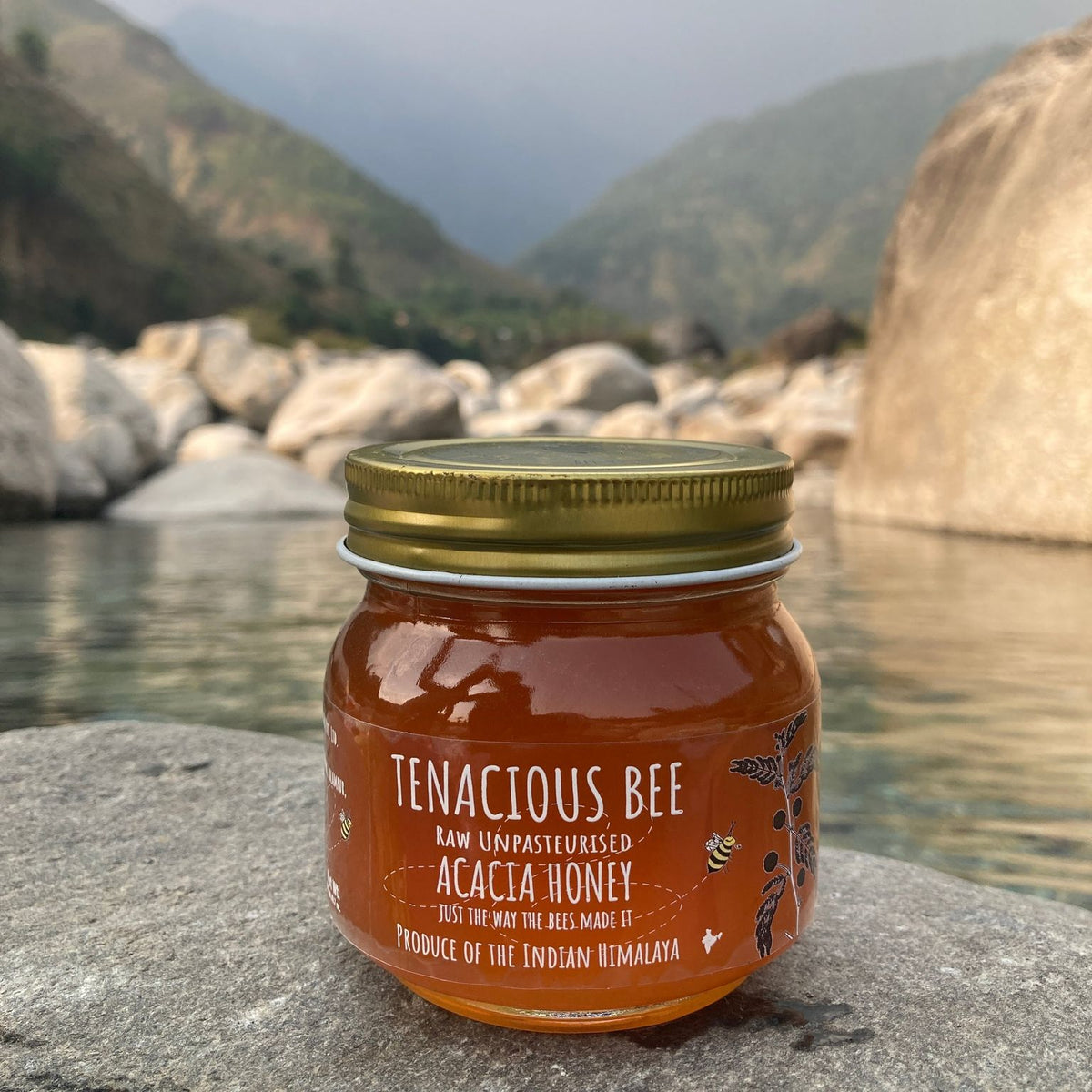 Jar of Tenacious Bee honey with a mountainous background