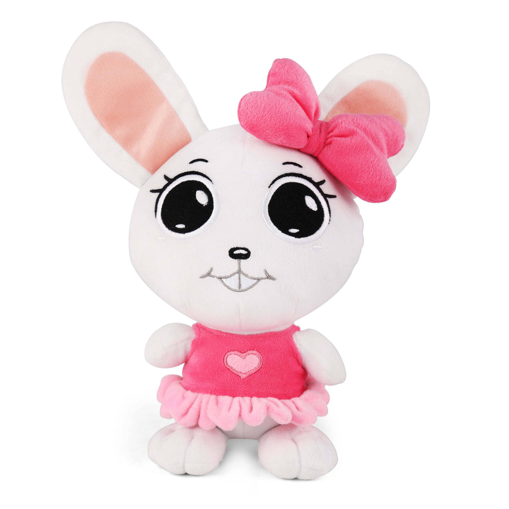 Plush toy with a white face, pink bow, and pink dress on a white background