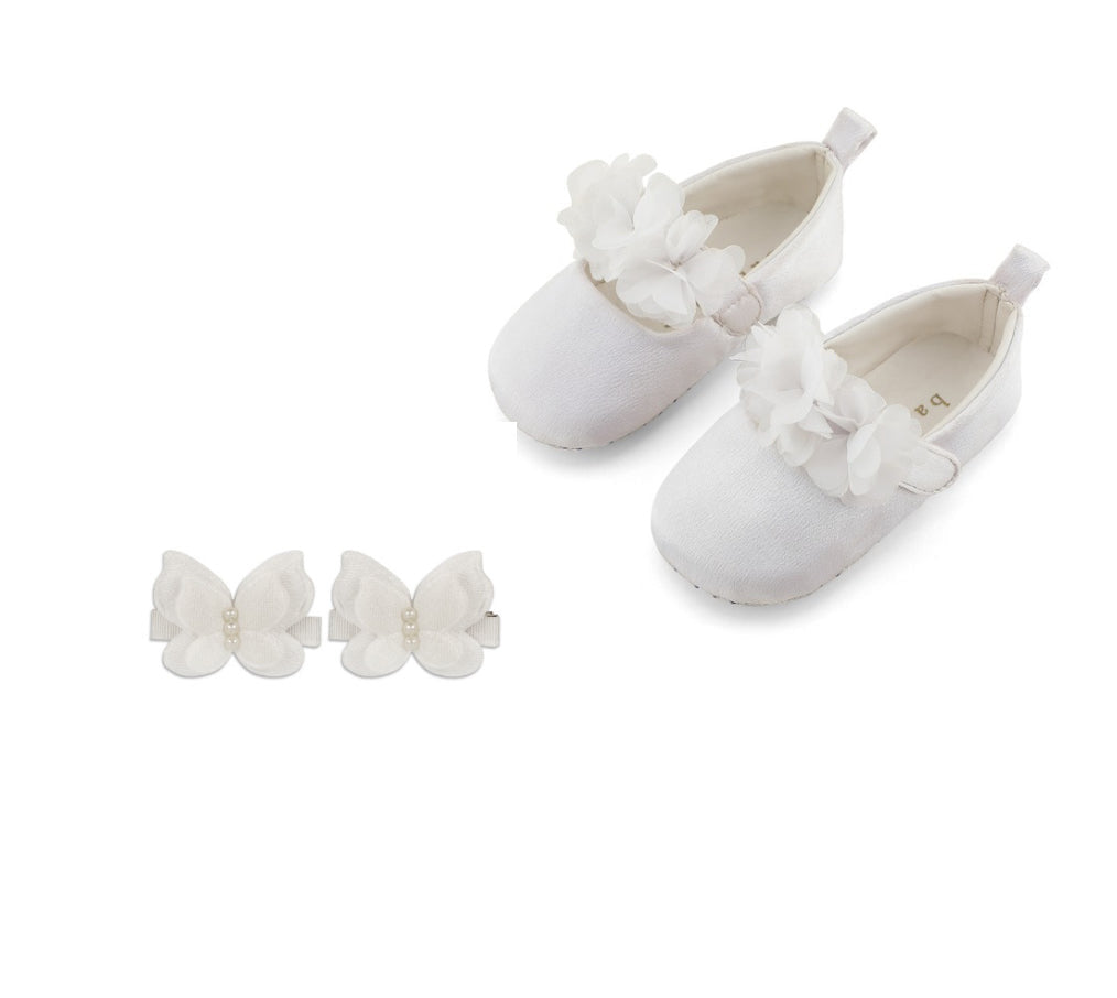 White Blossom Prewalker Ballerina & white butterfly clips