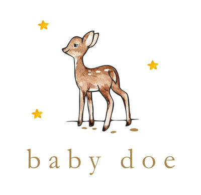 Illustration of a baby deer with 'baby doe' text on a white background
