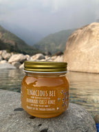Jar of Tenacious Bee honey on a rock with a mountainous background