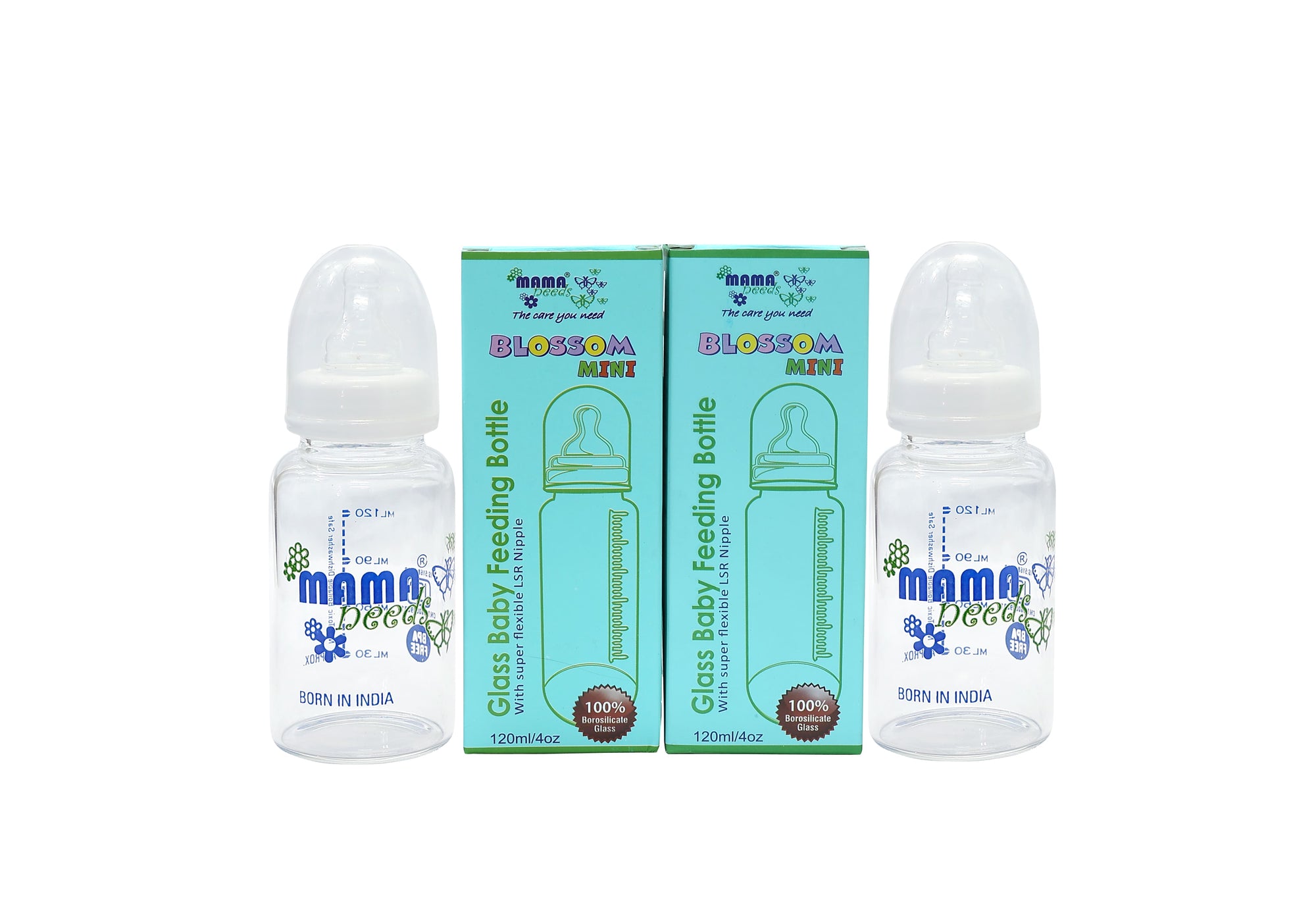 BLOSSOM MINI, 120 ml, 100% Borosilicate Glass Feeding Bottle ( Pack of 2)