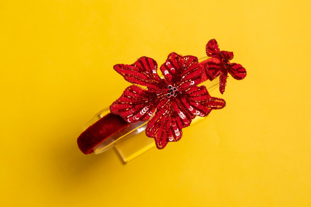Bright Red Crystal Flowers Hair Band – Handmade Floral Hairband for Girls