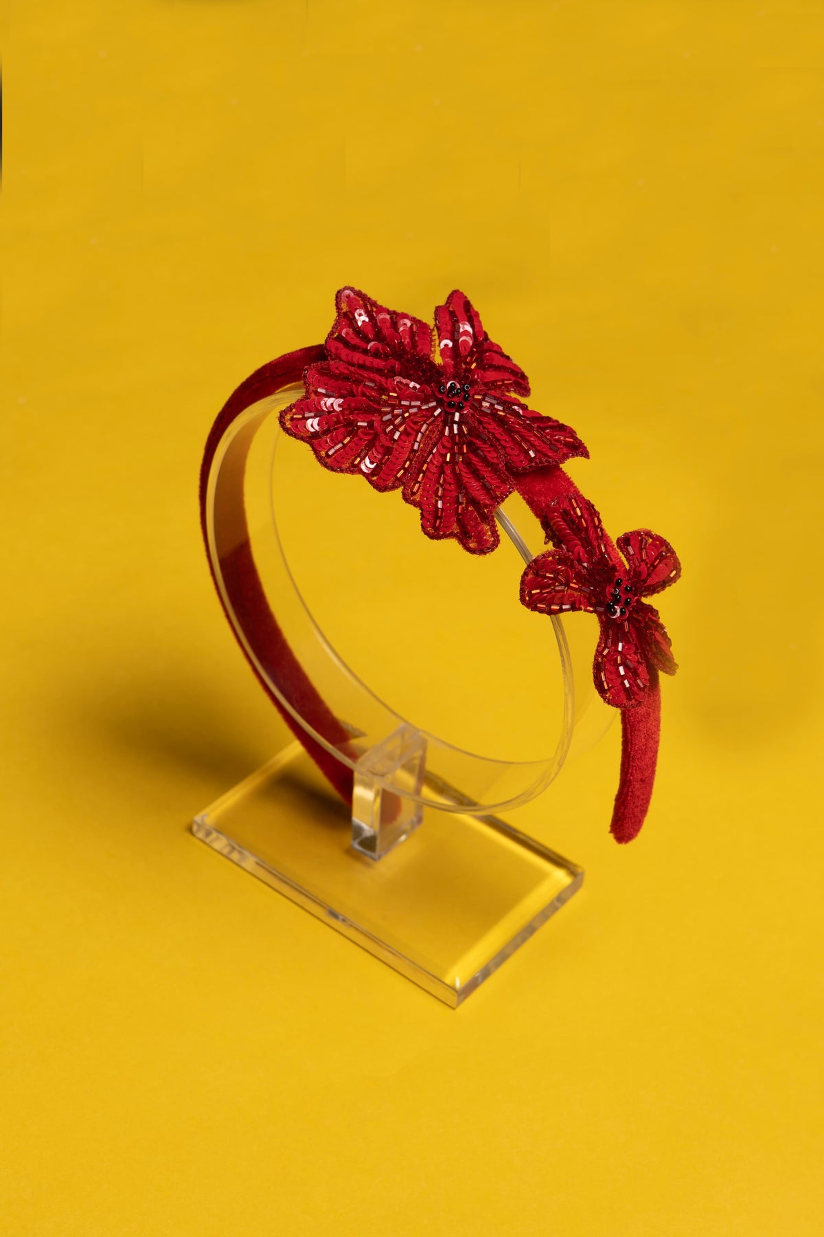 Bright Red Crystal Flowers Hair Band – Handmade Floral Hairband for Girls