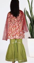 Girls floral red and green sharara set