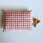 Red and white checkered pillow with wooden toys on a light blue background