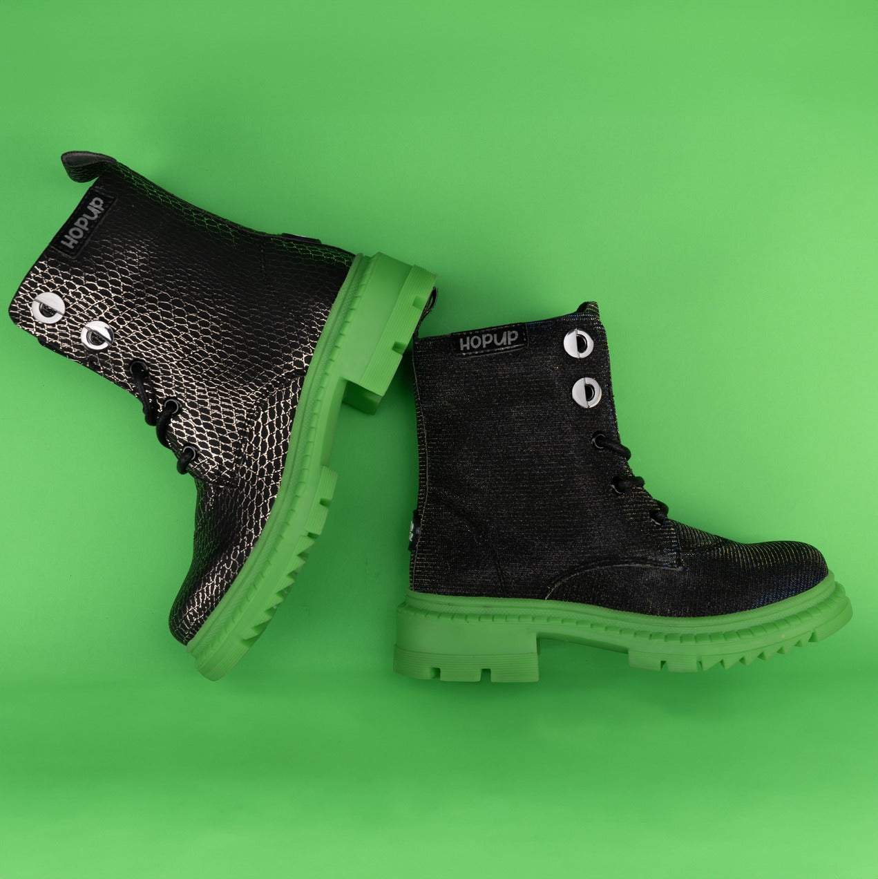 Rock Star Snake-Textured Boots | Black-Silver Boots with Green Sole | Eco-Friendly & Anti-Skid Party Boots for Kids