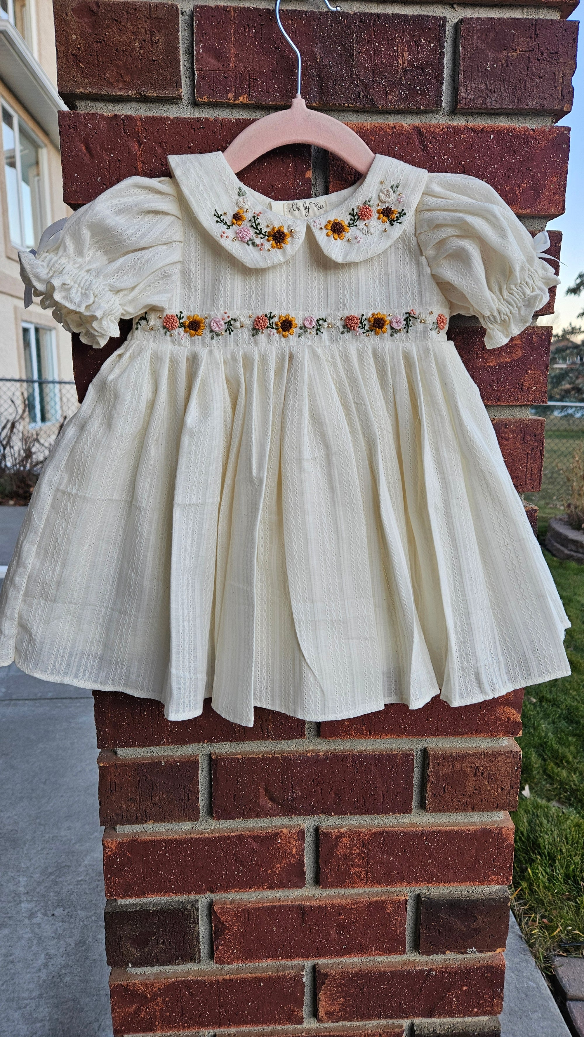 Sunflower Valley: Hand Embroidered Knee Length Off-white Dress In Cotton Jacquard Fabric