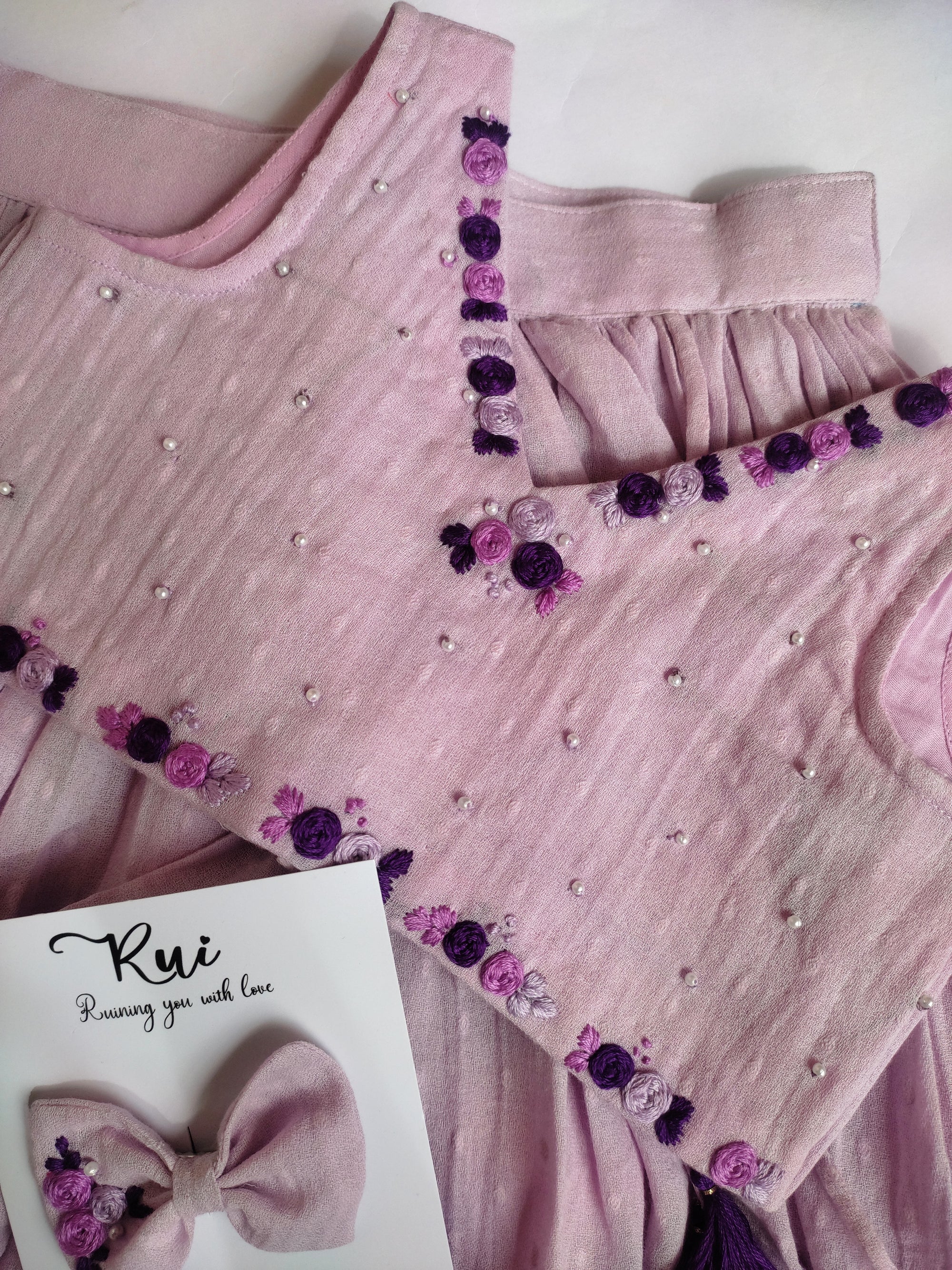 Lilac Whisper: Hand Embroidered Lavender Full Length Skirt Top Set In Moss Cotton Fabric With Bowclip