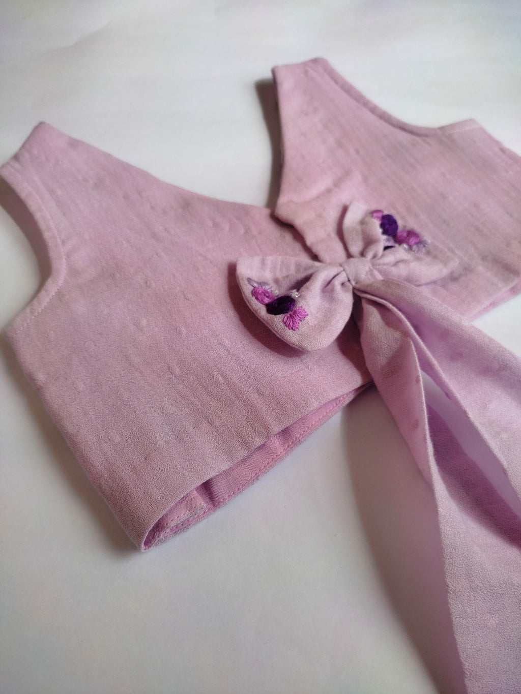 Lilac Whisper: Hand Embroidered Lavender Full Length Skirt Top Set In Moss Cotton Fabric With Bowclip