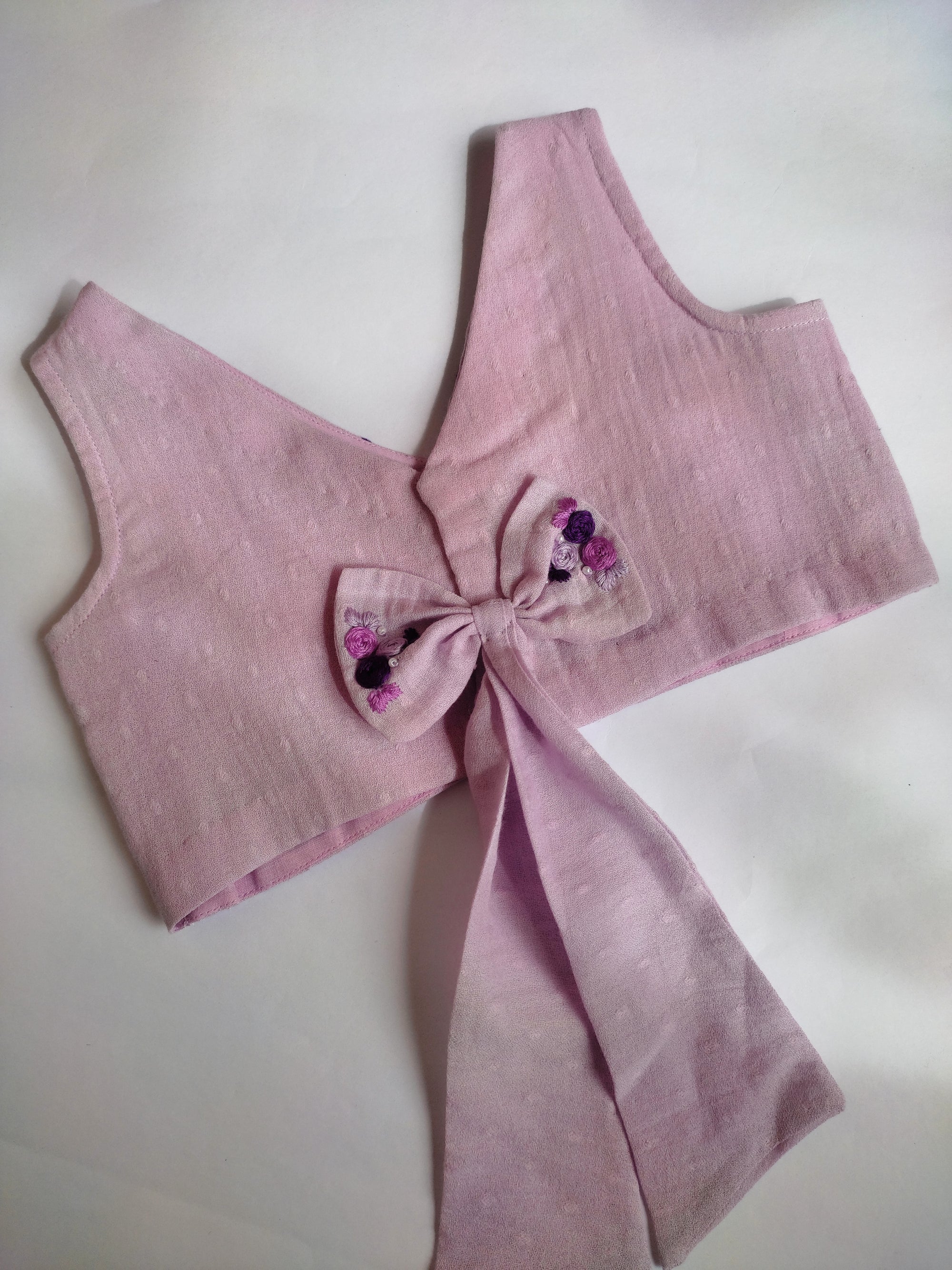 Lilac Whisper: Hand Embroidered Lavender Full Length Skirt Top Set In Moss Cotton Fabric With Bowclip
