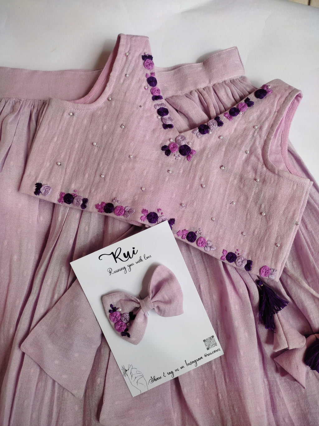 Lilac Whisper: Hand Embroidered Lavender Full Length Skirt Top Set In Moss Cotton Fabric With Bowclip