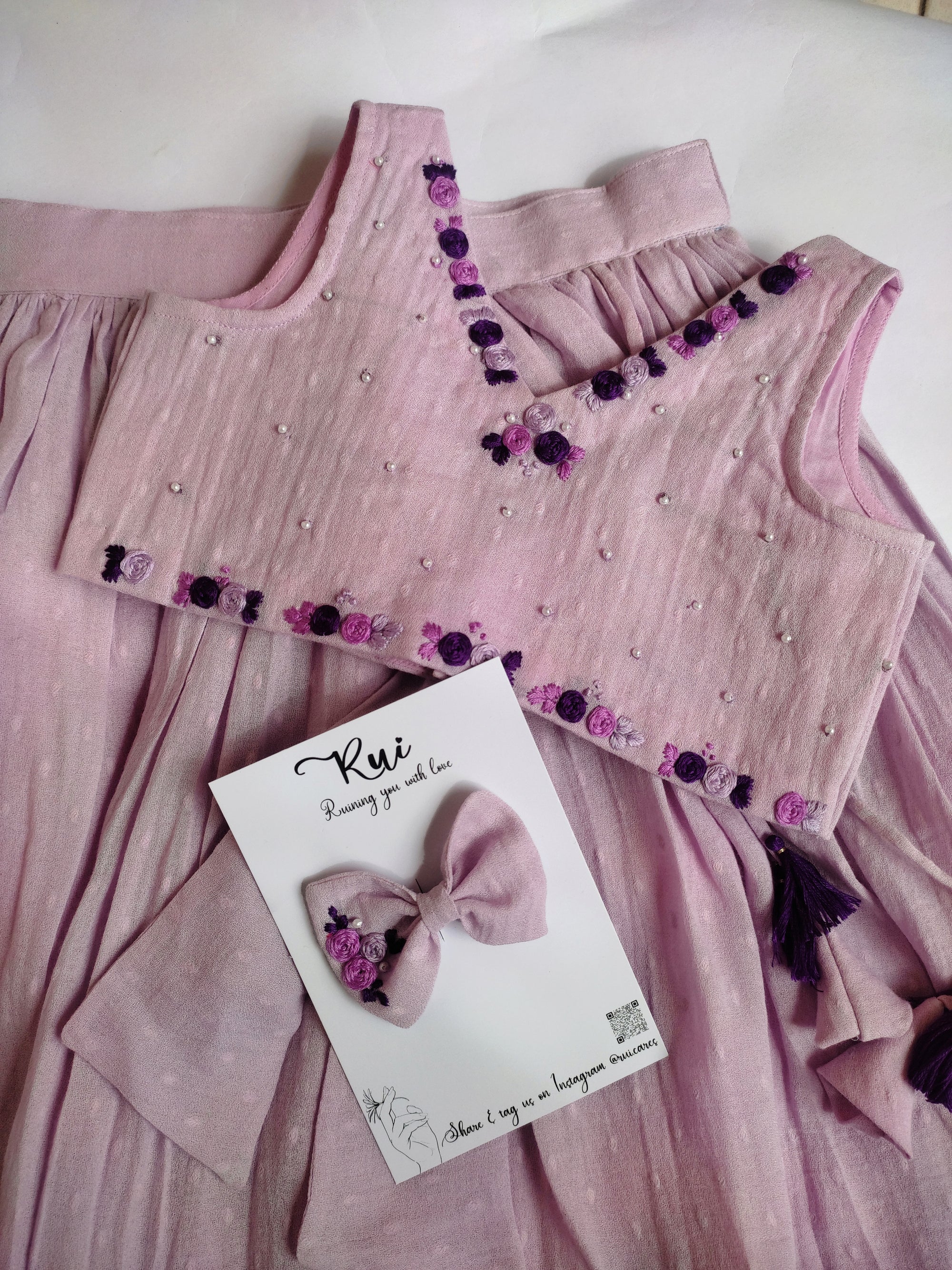 Lilac Whisper: Hand Embroidered Lavender Full Length Skirt Top Set In Moss Cotton Fabric With Bowclip