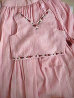 Gulabi Noor: Hand Embroidered Baby Pink Full Length Skirt Top Set In Moss Cotton Fabric With Headband