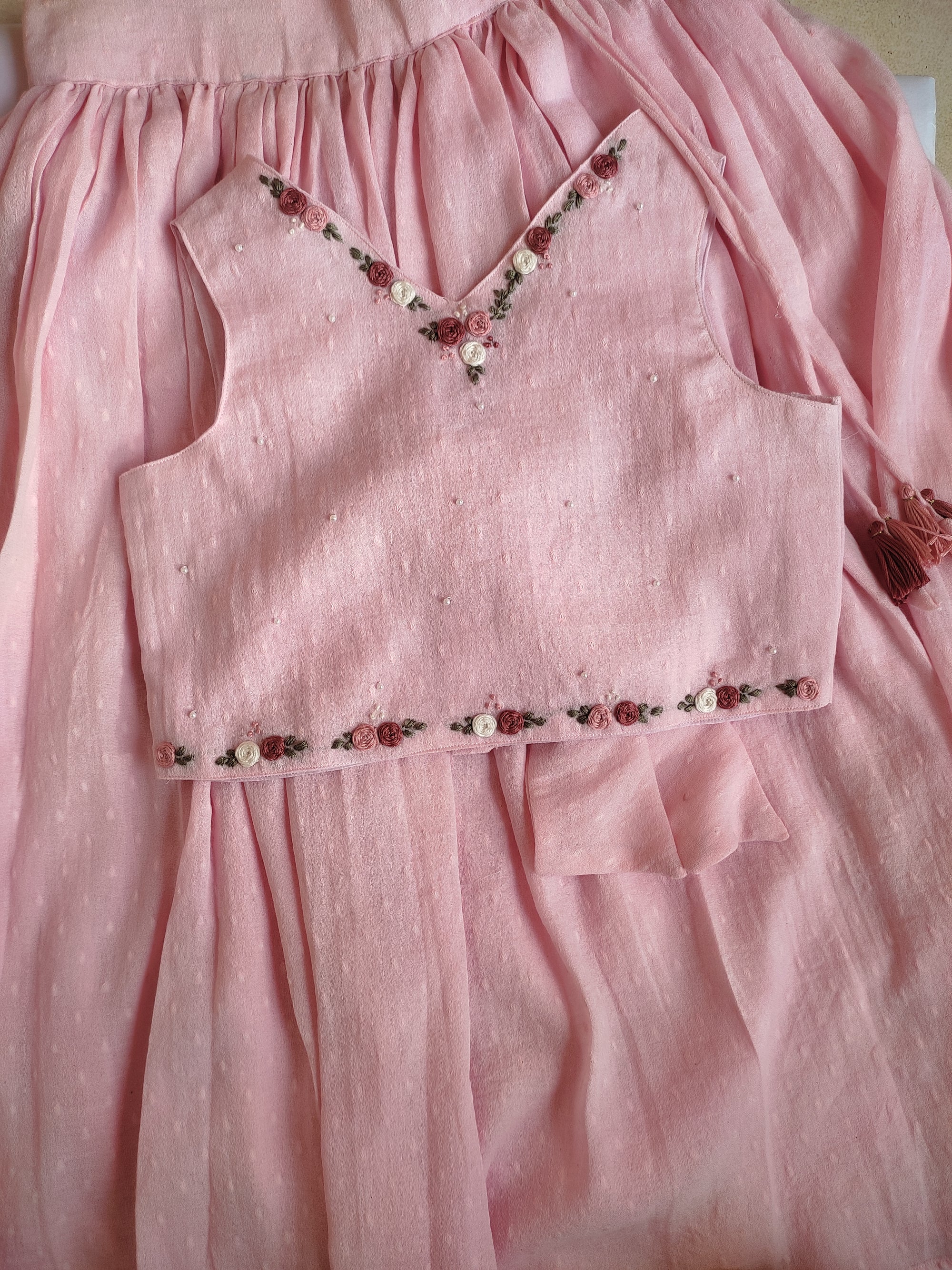 Gulabi Noor: Hand Embroidered Baby Pink Full Length Skirt Top Set In Moss Cotton Fabric With Headband
