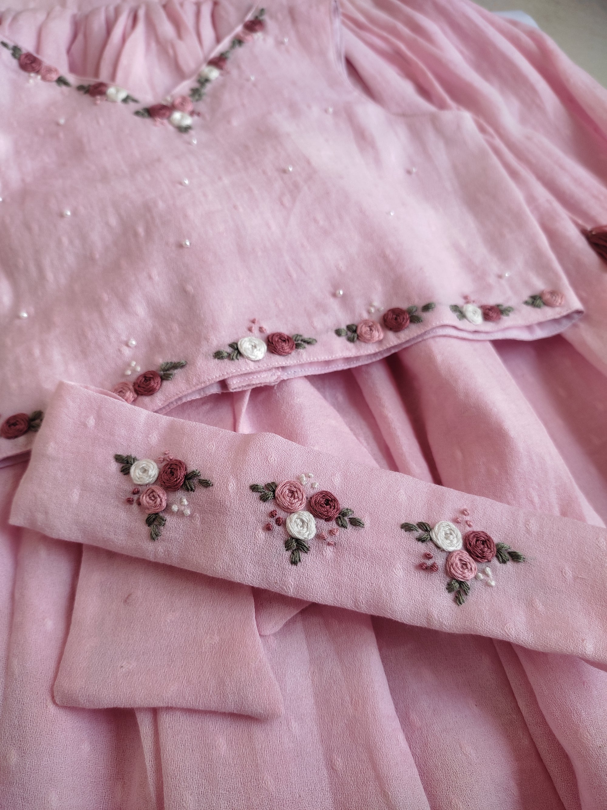Gulabi Noor: Hand Embroidered Baby Pink Full Length Skirt Top Set In Moss Cotton Fabric With Headband