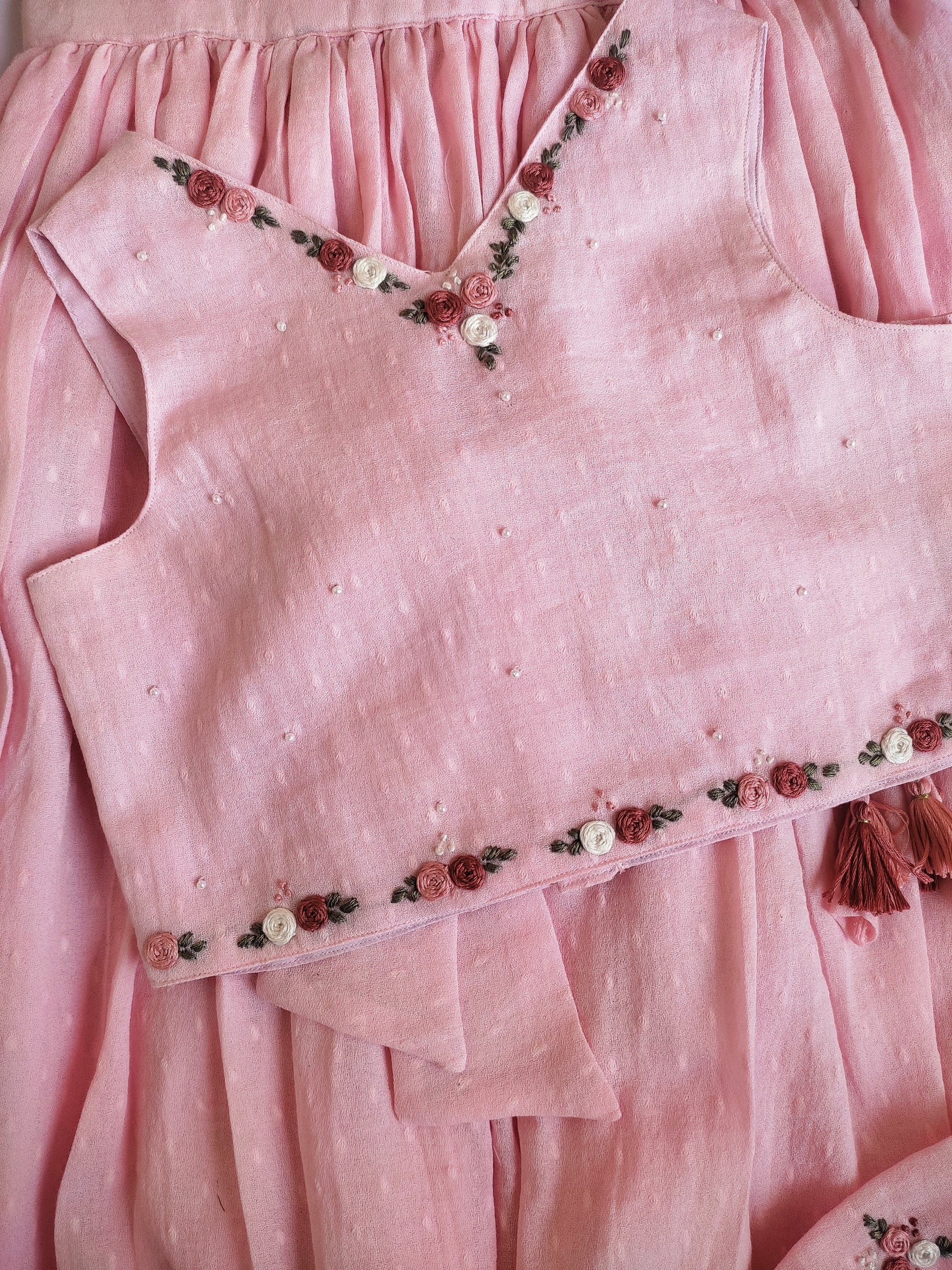 Gulabi Noor: Hand Embroidered Baby Pink Full Length Skirt Top Set In Moss Cotton Fabric With Headband