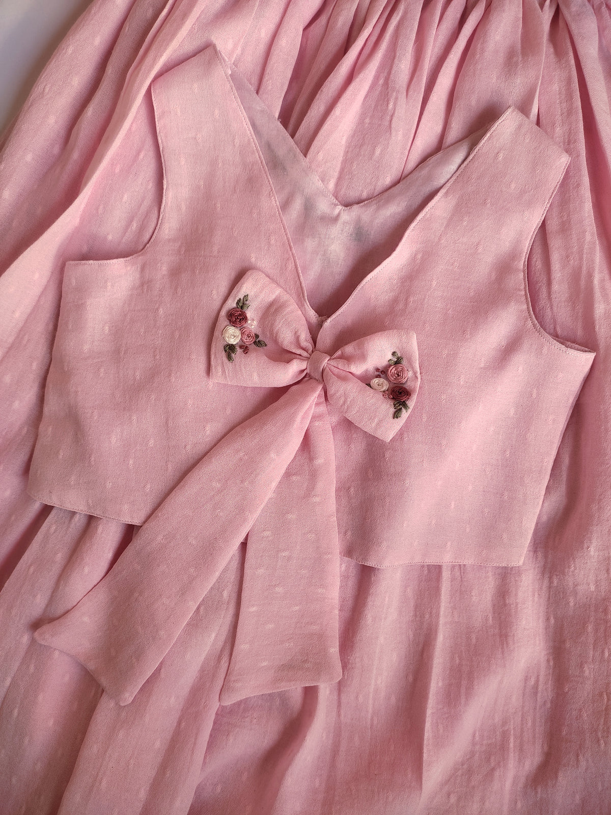 Gulabi Noor: Hand Embroidered Baby Pink Full Length Skirt Top Set In Moss Cotton Fabric With Headband