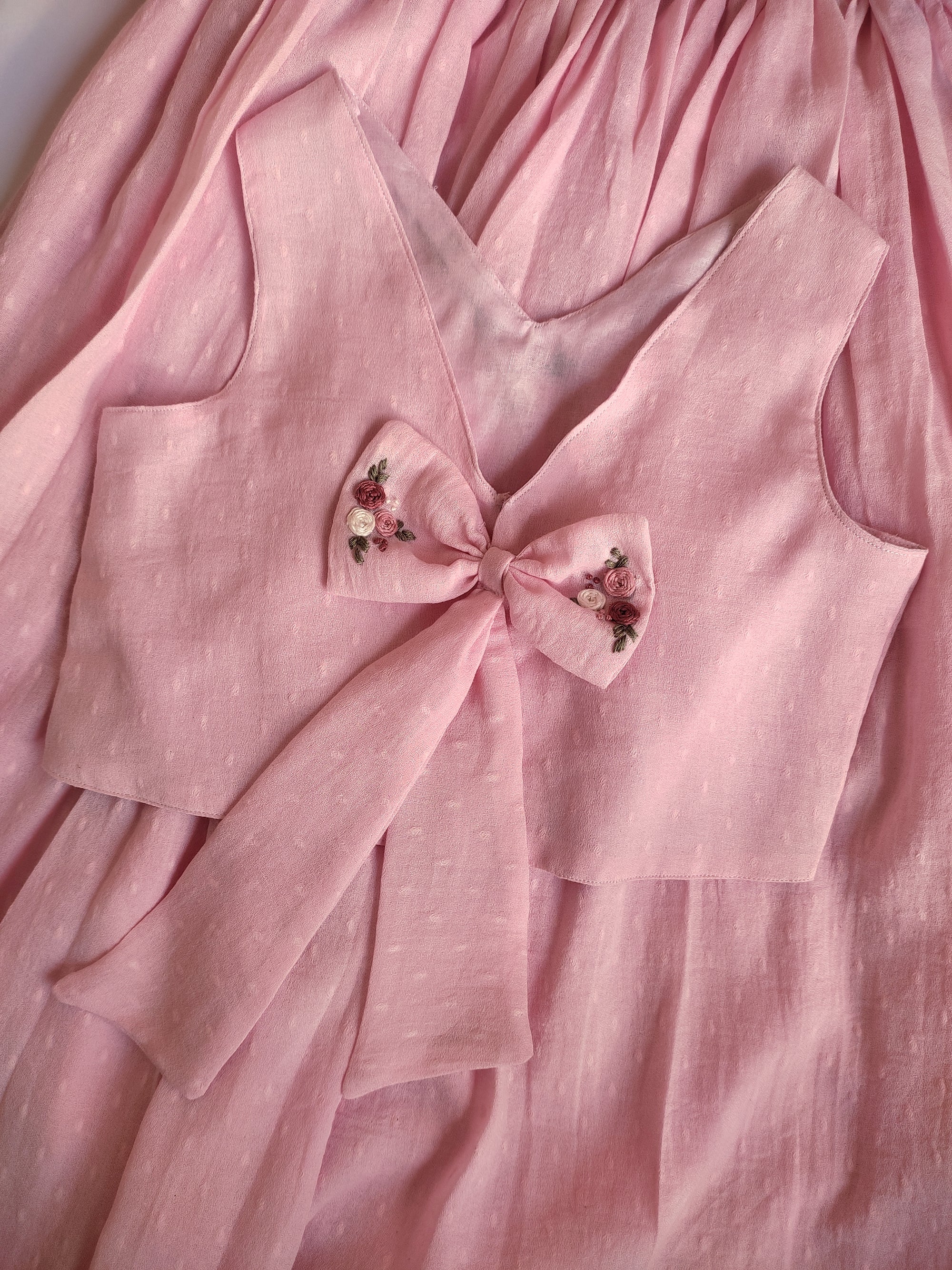 Gulabi Noor: Hand Embroidered Baby Pink Full Length Skirt Top Set In Moss Cotton Fabric With Headband